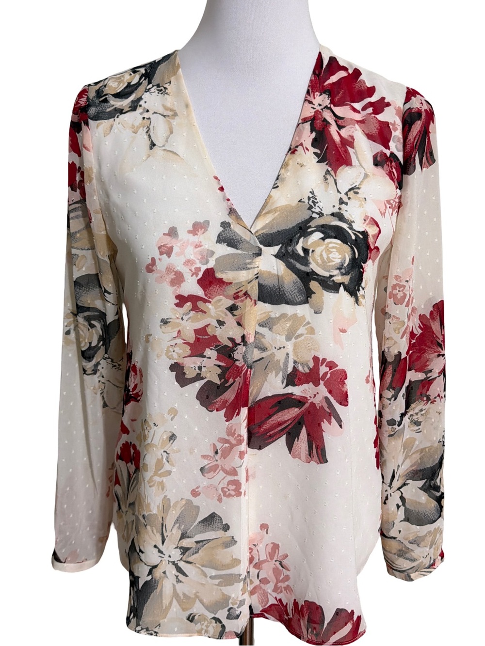 White House Black Market Cream Floral V-Neck Blouse with Red Accents